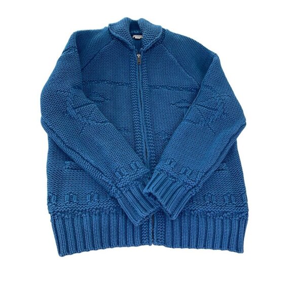 J Crew Mens Sweater Size Medium Blue Nautical Anchor Cowichan Full Zip Pockets - Picture 1 of 8